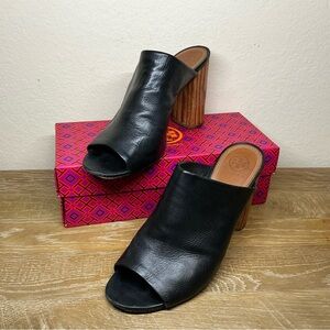 Tory Burch Raya Black Leather Mules with Wooden Heels Size 11
